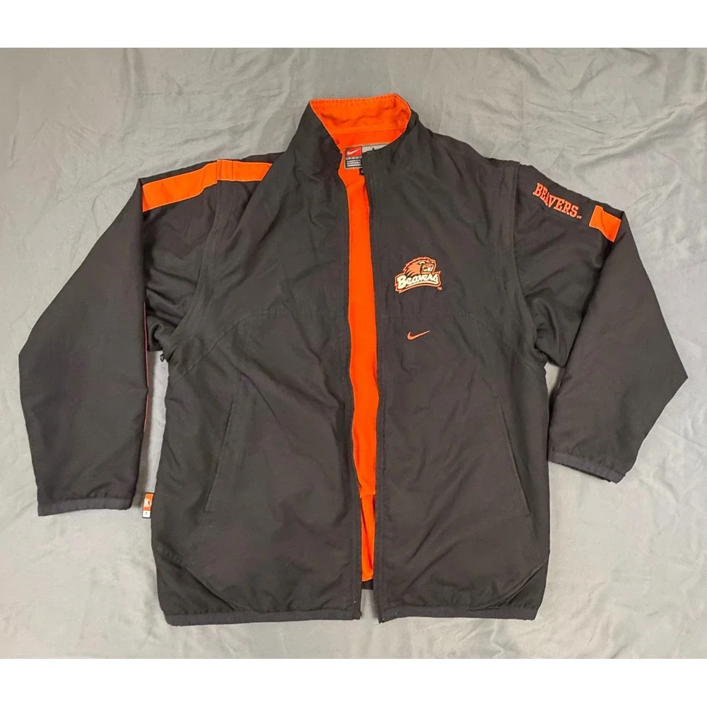 Nike Team Oregon State Beavers Jacket/Vest Mens L Black Orange Fleece Lined Zip